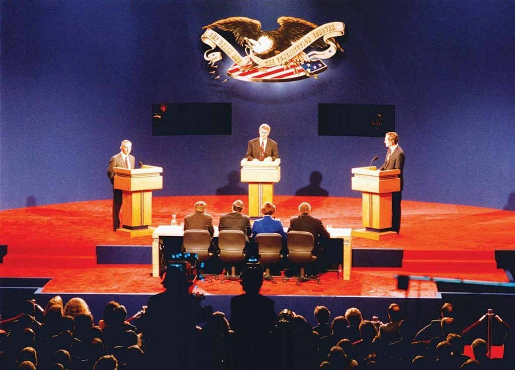 Candidate Ross Perot, Gov. Bill Clinton and Pres. George H.W. Bush debate on the campus of Washington University Oct. 11, 1992. (Photo: Washington University Archives)