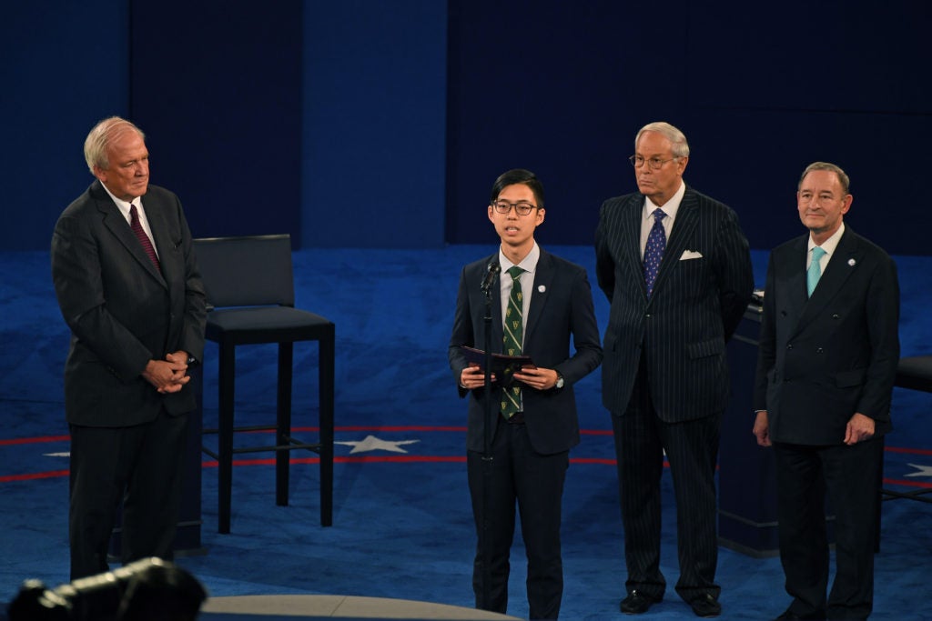 Student Union President Kenneth Sng addresses the audience prior to the start of the 2016 presidential debate at Washington University in St. Louis, Sunday, Oct. 9, 2016. (Photo: James Byard/Washington University)