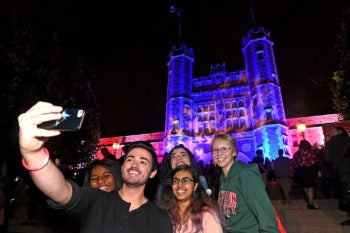 The patriotic illumination of Brookings Hall was a big hit with students. (Photo: James Byard/Washington University)