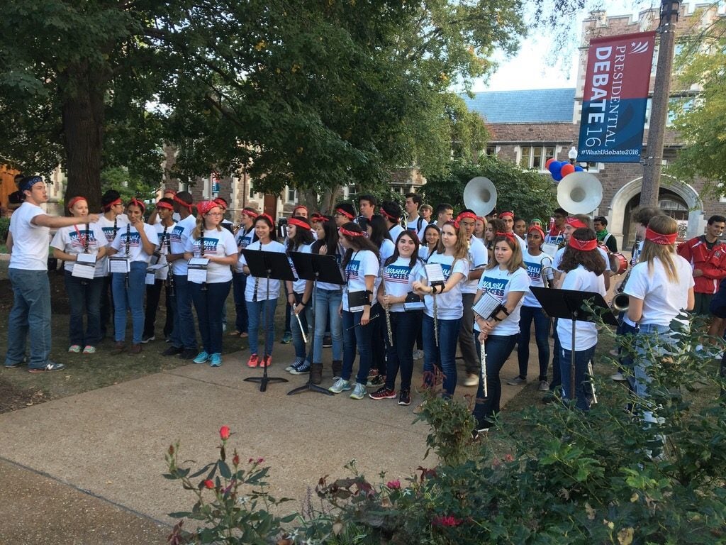 The Bear Nation Varsity Band also played for MSNBC later in the day. (Tom Malkowicz/Washington University)