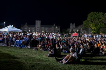 The Fox News Channel set broadcast the debate live, and students gathered on a beautiful night on Mudd Field to watch. (Photo: Whitney Curtis/Washington University)