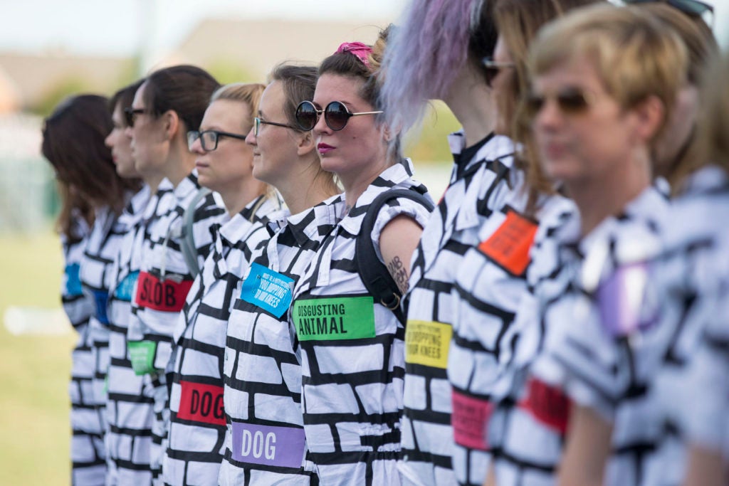 Among the protestors at the designated zone was this group of women with colorful rectangles highlighting statements made by one of the candidates.