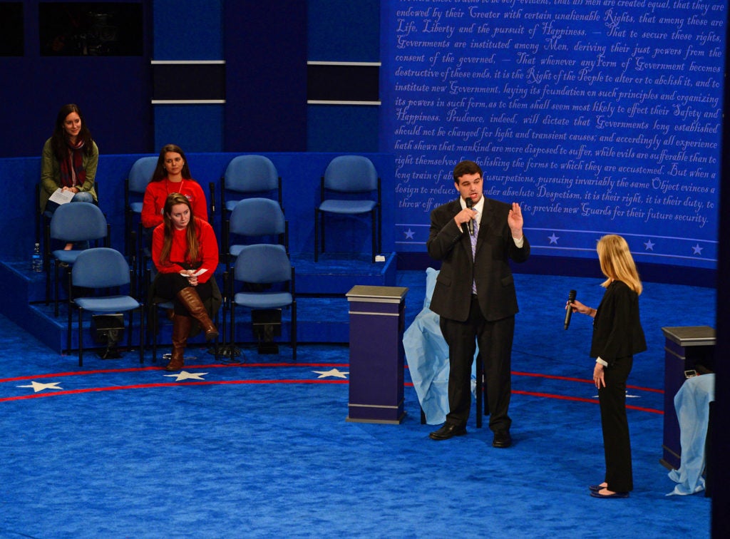 The students were encouraged to walk around and act like a candidate. They more than filled the job. (Photo: James Byard/Washington University)