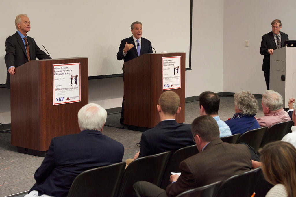 Trump vs. Clinton economic debate held in the Steinberg Auditorium on the Washington University in St. Louis campus on October 9, 2016.