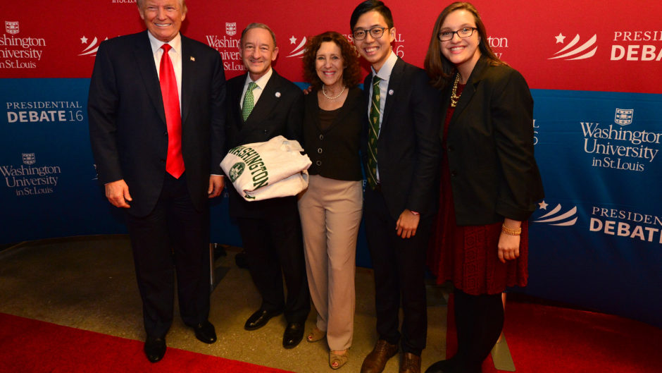 From right: Graduate Professional Council President Haley Dolosic, Student Union President Kenneth Sng, Risa Zwerling and Chancellor Mark S. Wrighton greet presidential candidate Donald Trump before the 2016 presidential debate at Washington University. (Photo: Joe Angeles/Washington University)