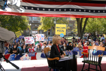 NBC's Andrea Mitchell broadcasting from campus Oct. 2, 2008.