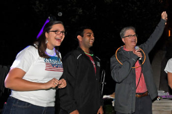 Provost Holden Thorp (right) leads the countdown to light-up in front of Brookings Hall Oct. 1. (Photo:  James Byard/Washington University)