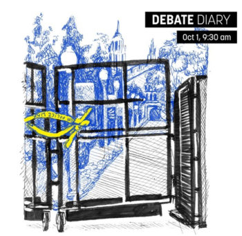 The closer you venture toward the debate hall, the more the scene appears to be punctuated with yellow–for caution, for measurement, for boundary. Artist: @great_sneeze
